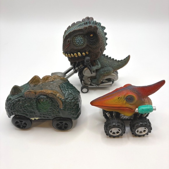 Other - Lot of 3 Dinosaur Pullback Race Car Toys T-Rex Motorcycle Triceratop Pterodactyl